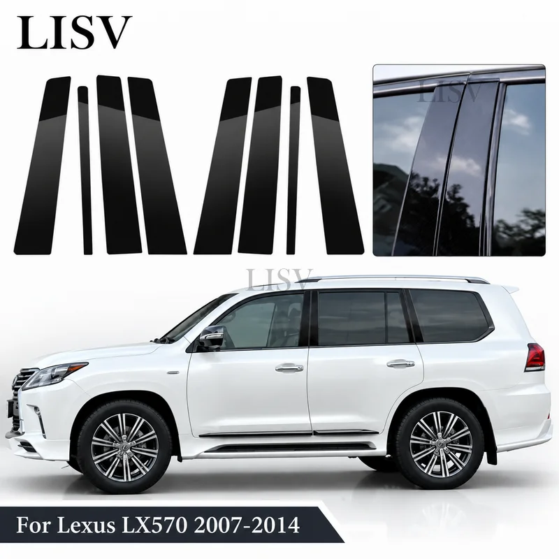LISV 8PCS Glossy Black Silver Carbon Pillar Post Fit For Lexus LX570 LX 570 2007 2014 Door Window Column BC Trim Sticker Cover