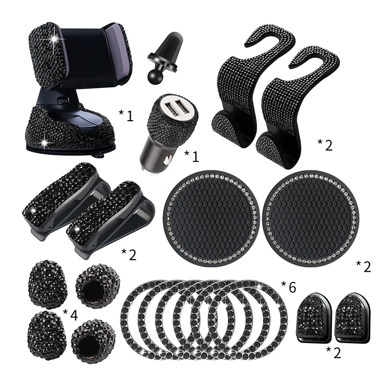20Pcs/Set Rhinestone Car Phone Holder Universal Auto Interior Hooks Sticker Pad Set Pink Bling Car Accessories for Women