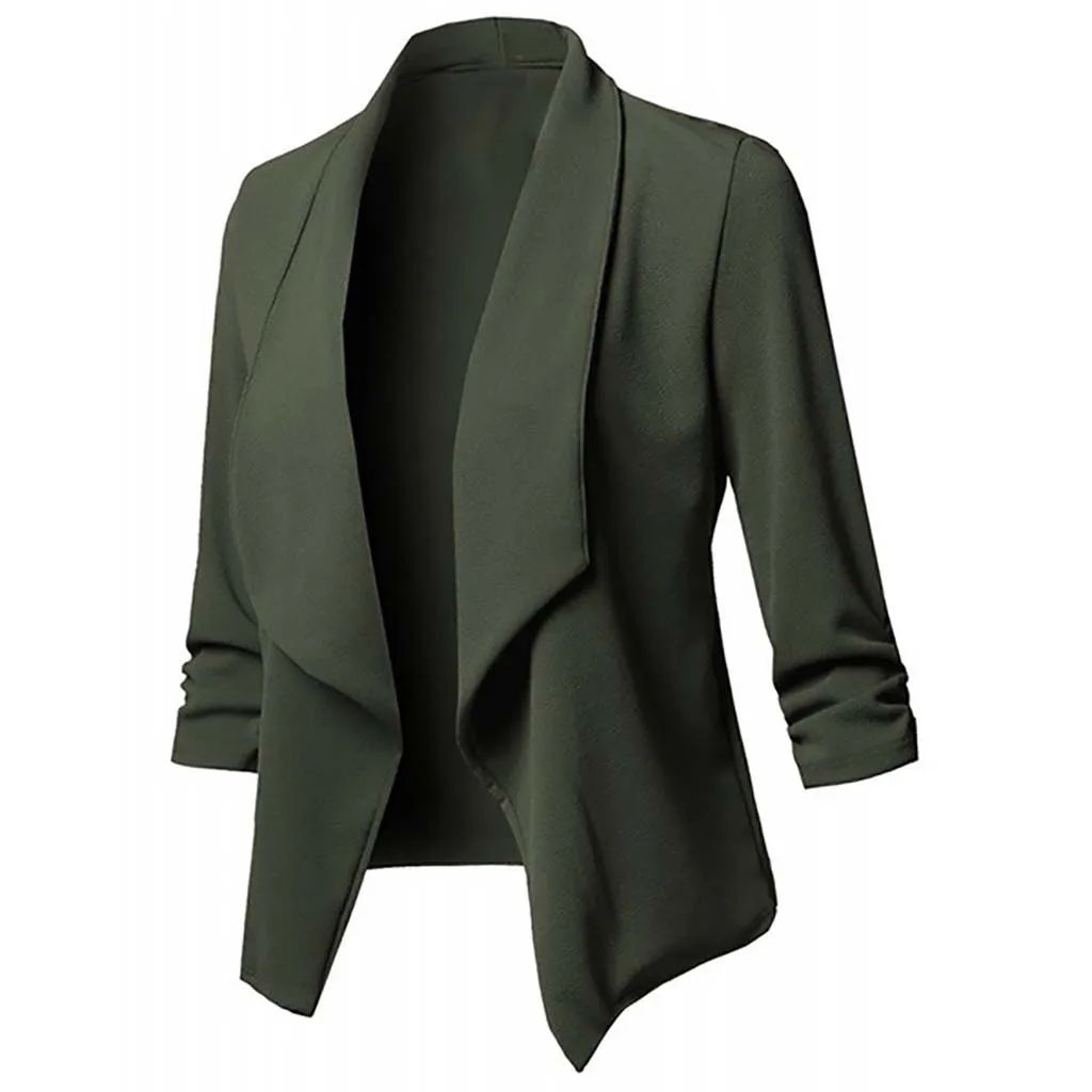 Women Fashion Outerwears Office Wear Open Blazer Coat Vintage Long Sleeves Pleated Flap Pockets Female Outerwear Chic Tops