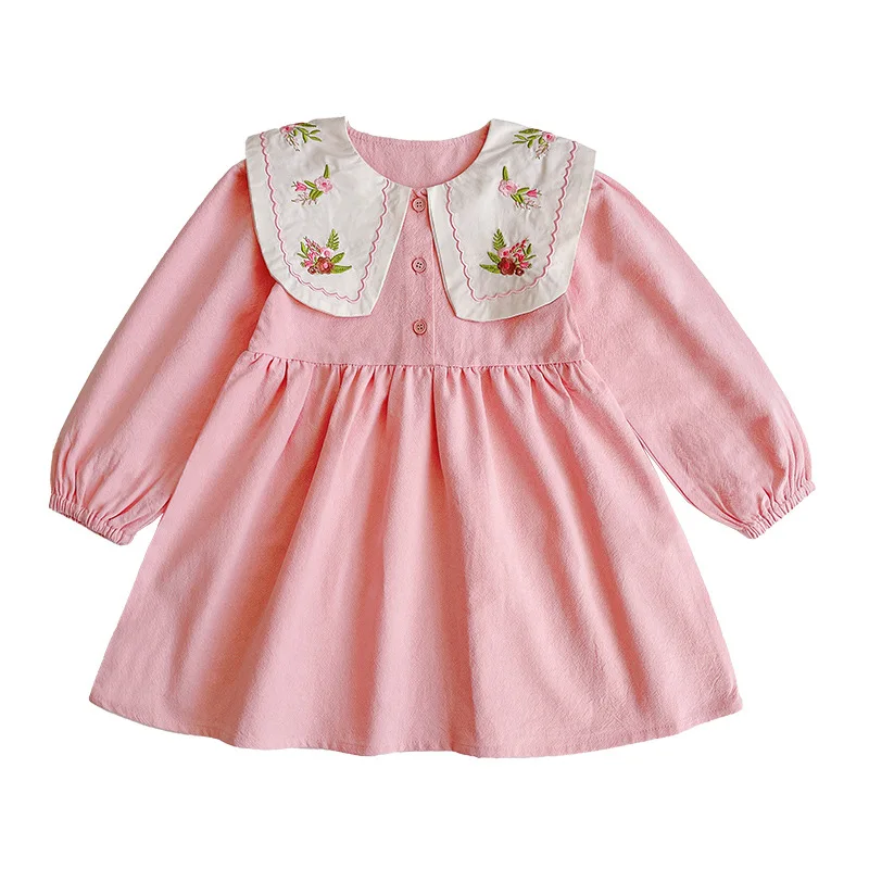 Girls' Dress2025Spring New Baby Navy Collar Embroidered Cotton Skirt Girl Sweet Long Sleeve Princess Dress