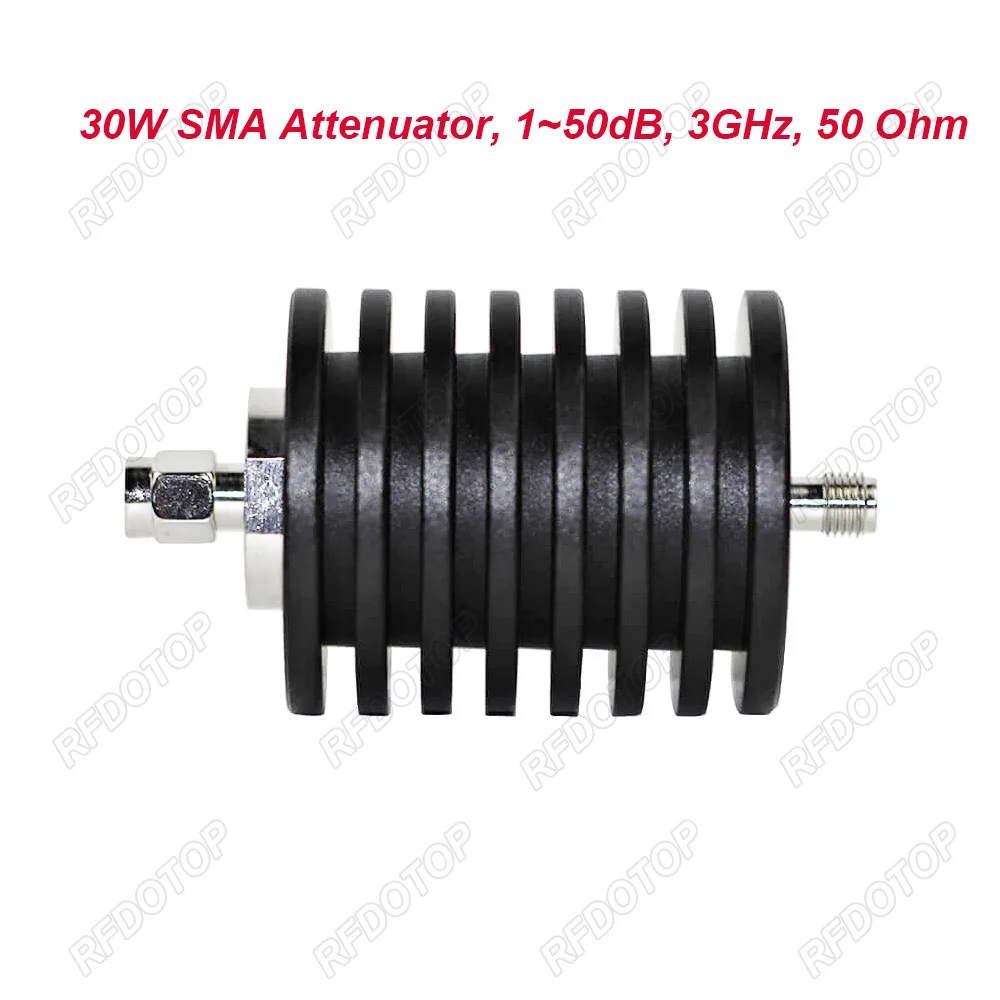 30W DC-3.0GHz SMA Male to SMA Female RF Attenuator 1~50dB Attenuator SMA Fixed Connectors 304 Stainless Steel 50 Ohm