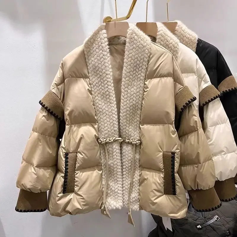 Luxury Fur Patchwork แจ็คเก็ตฤดูหนาวเสื้อผ้าผู้หญิง Parkas Warm หนาออกแบบ Vintage Harajuku เสื้อ Windproof Puffer Jacket