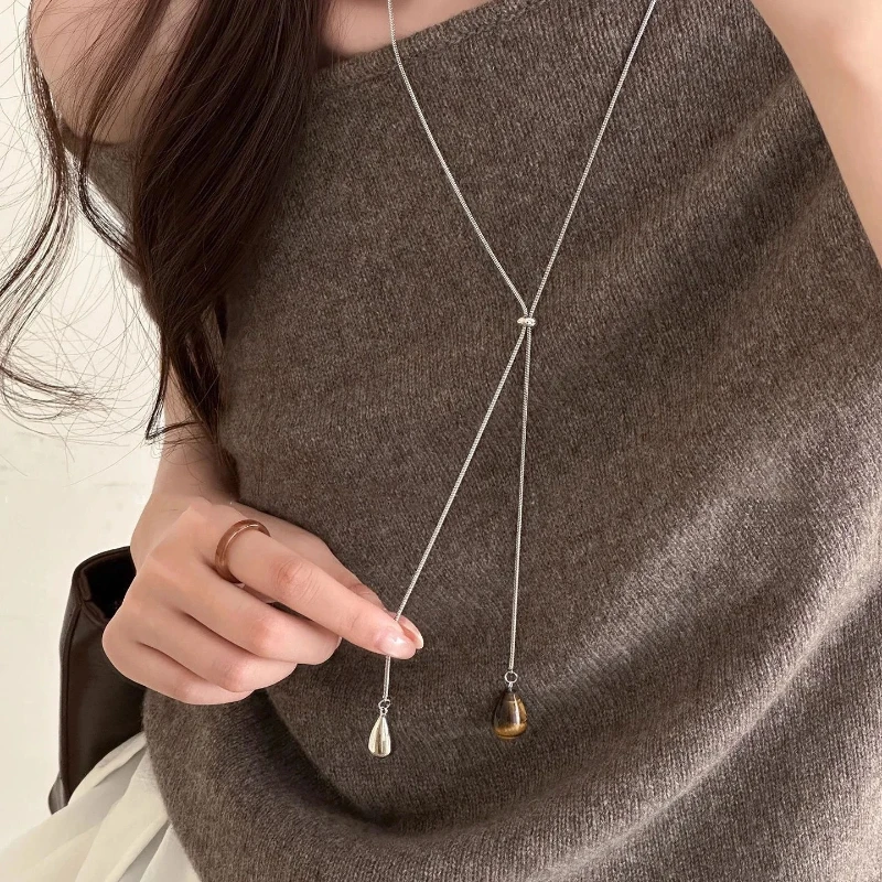 Retro Tiger's-Eye Stone White Spotted Water Drop Pendant Necklace for Women Fashion Adjustable Long Pull Necklace Jewelry Gift