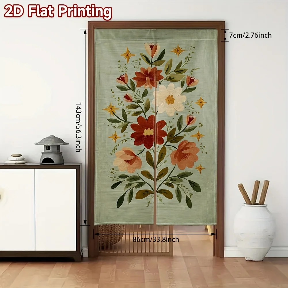 Floral Noren Curtain – Red Roses & Green Leaves, Mint Beige Background, for Kitchen or Living Room Decor