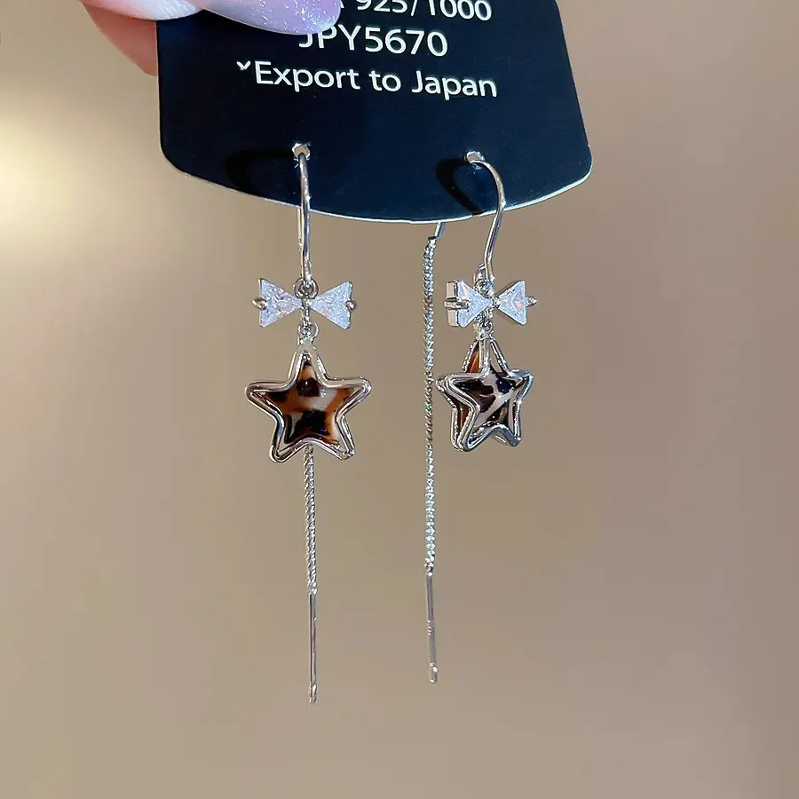 

Y2K Shiny Leopard Print Star Bow Tassel Earrings for Women Zircon Long Chain Dangle Earring Minimalism Ear Line Kpop Jewelry