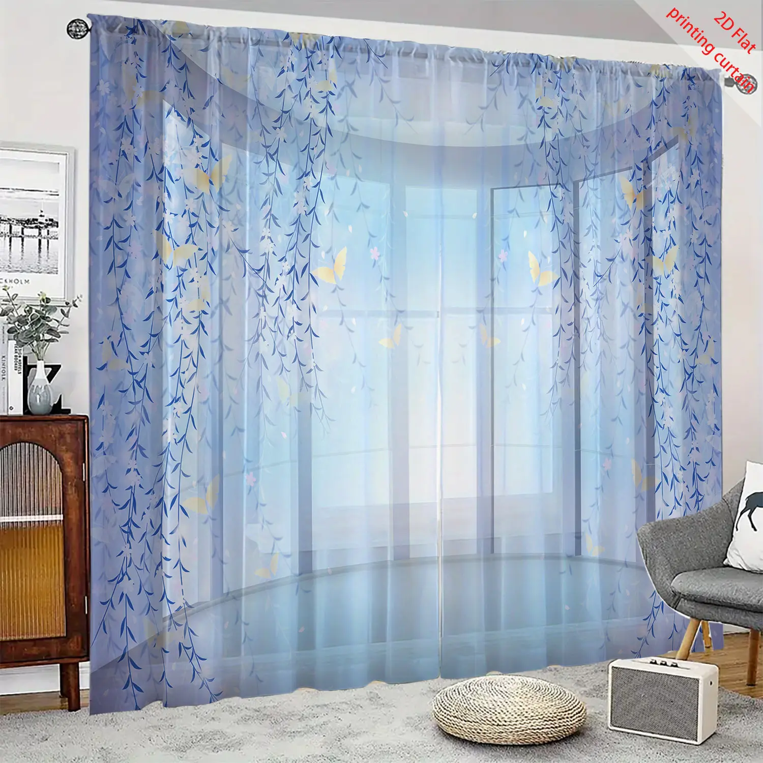 

Plant leaf pattern printed transparent gauze curtain, home art decoration, bedroom, living room, kitchen, balcony decoration