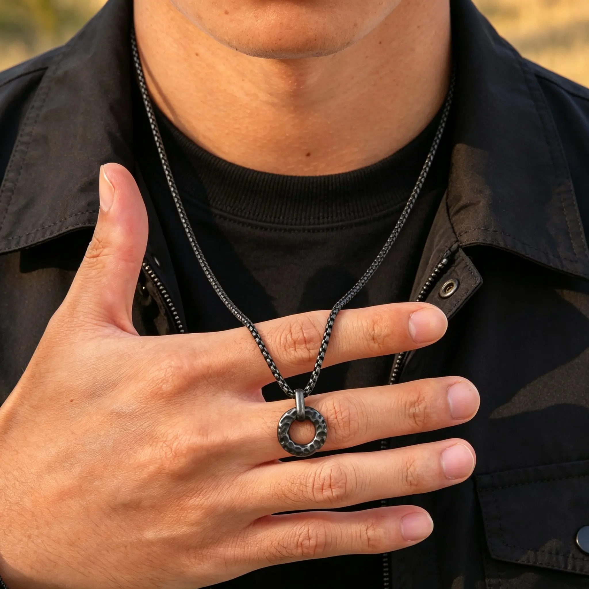 Men Stainless Steel Hammered Ring Necklace,Punk Rock Hip Hop Gray Circle Pendant,Vintage Male Jewelry Cool Gift for Boyfriend