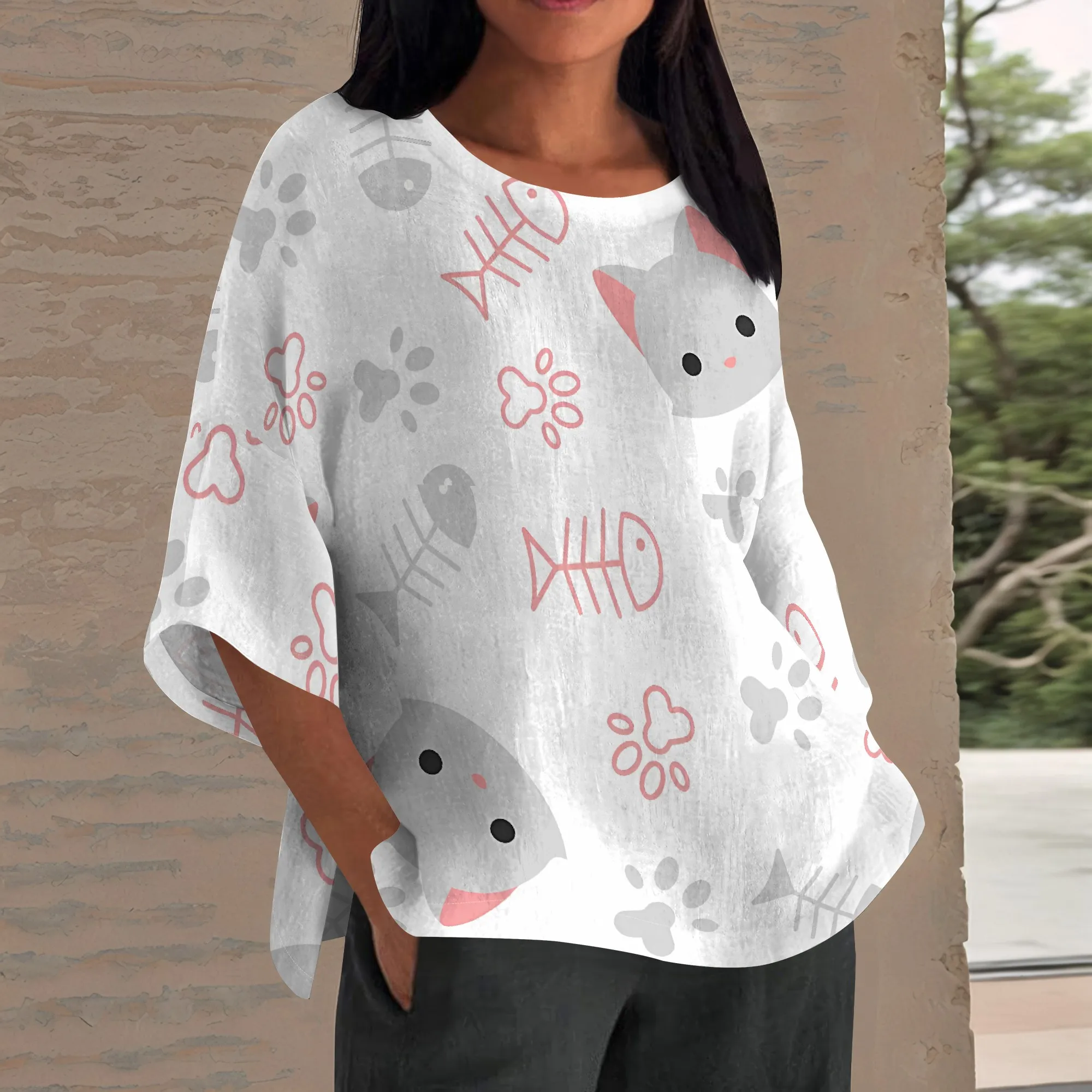 

EQQZD Stylish Elegant Half-Sleeve Round-Neck Top, Cute Cartoon Animals Pattern Print Tops for Women