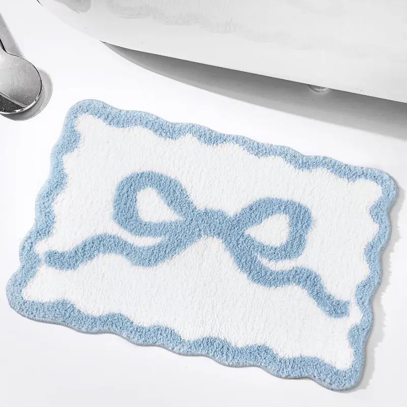 VIKAMA Darling Blush White Ruffled Bow Ribbon Border Contour Bath Rug Water Wicking Wash Area Styling Keepsake Heavy Duty Soft
