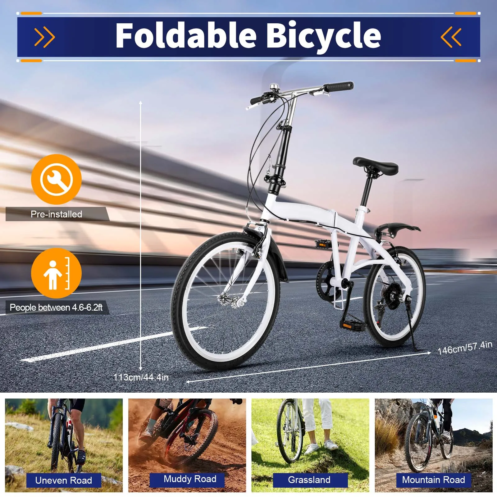 20" 6Speed Gears White Adjustable Bike Carbon Steel Lightweight Foldable City Bike for Adult Commute Bicycle