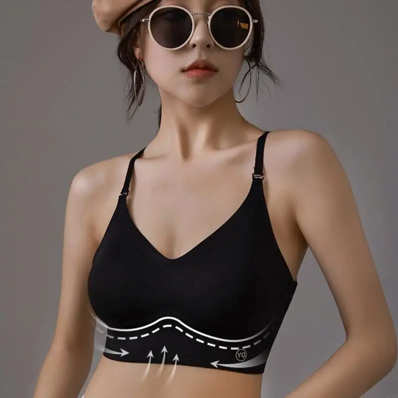 Womens U Shaped Backless Wireless Bralette Summer Thin Breathable Cotton Adjustable Spaghetti Straps Comfort Push Up Bra