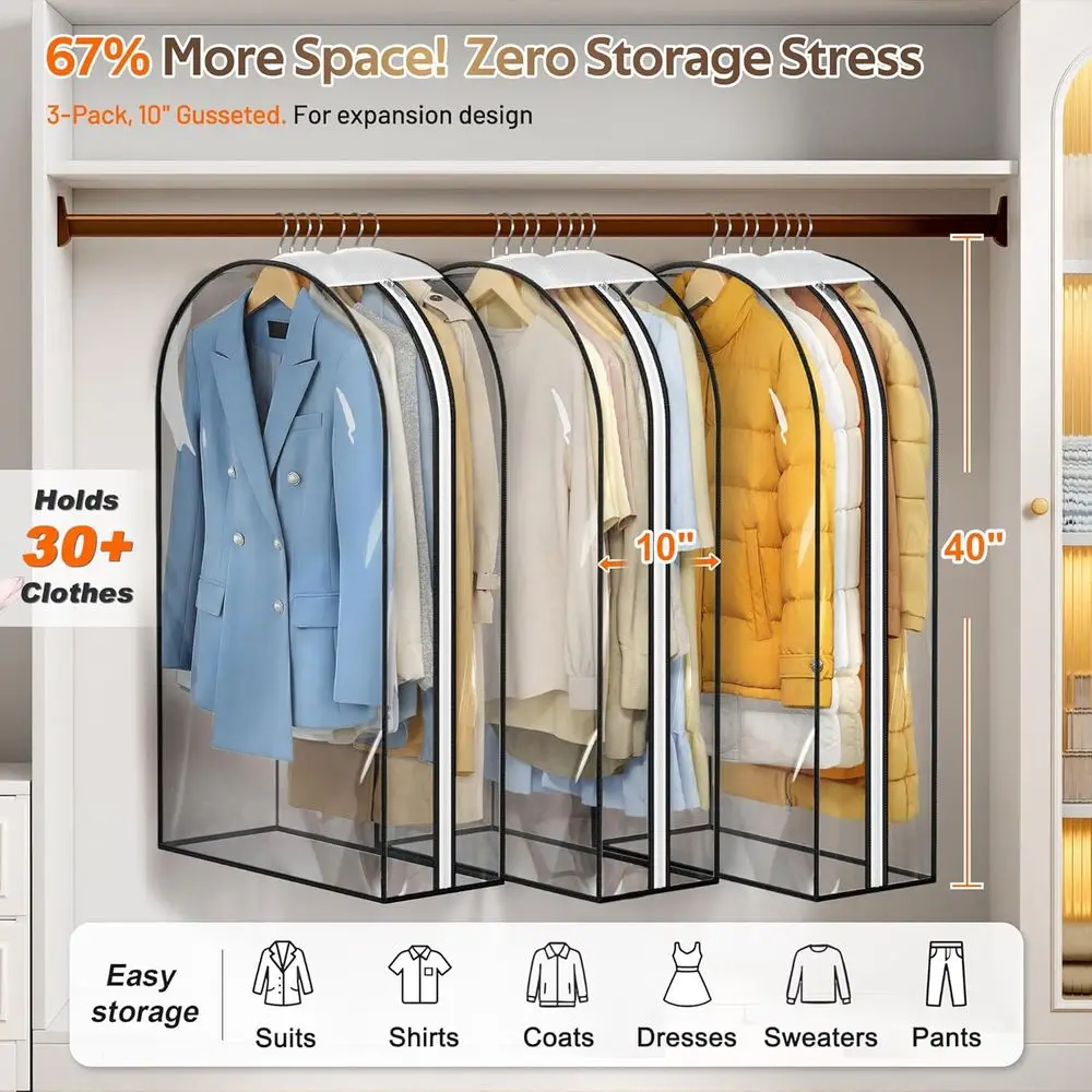 10-Pack Gusseted Garment Bags for Hanging Clothes, 3-Pack 40 Suit Covers for Closet Storage