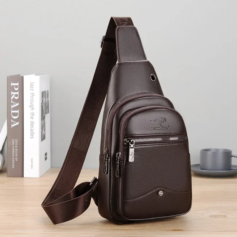 New Kangaroo Luxury Brand Chest Pack Men Crossbody Bag Black Brown Leather Chest Bag Casual Travel Sling Bag Messenger Bag Male