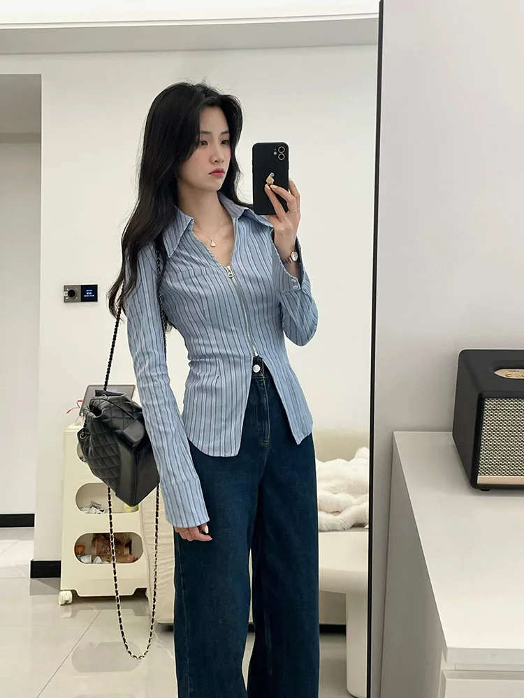 Women Simple Daily Striped Blouses Turn-Down Collar Blue Tops Spring Summer Elegant Office Lady Casual Slim Shirts Streetwear