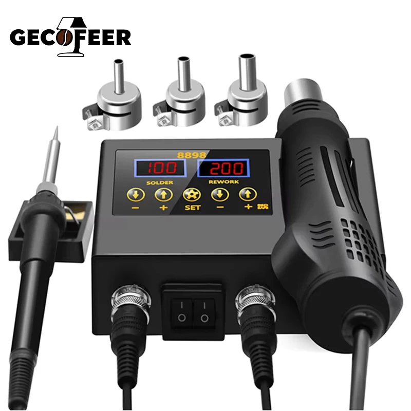 GECOFEER fer à souder numérique température réglable 8898 2 en 1 pistolet thermique à Air chaud SMD dessoudage reprise Station de soudure réparation