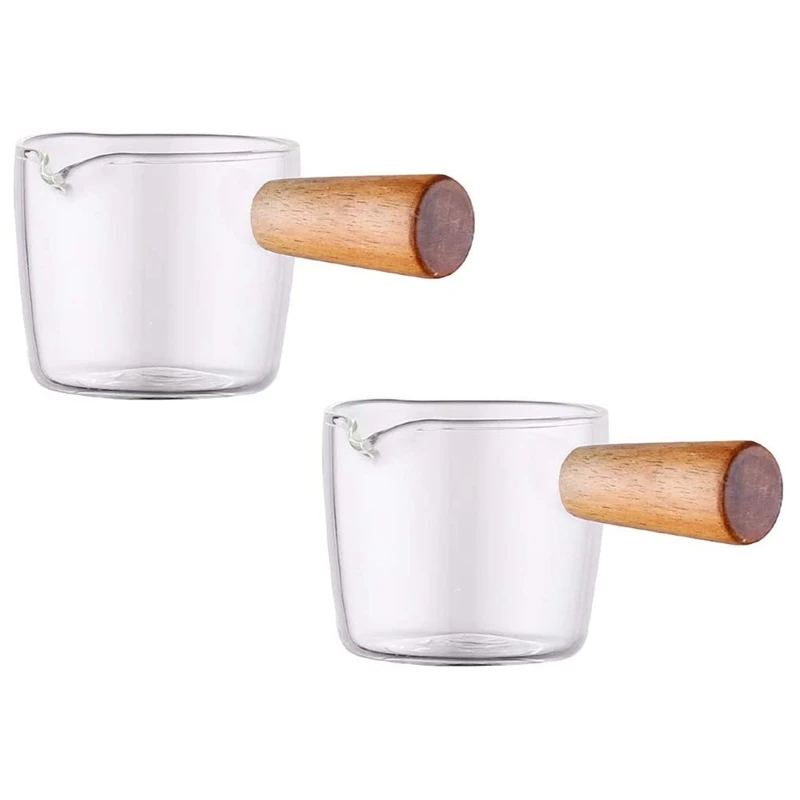 2PCS Transparent Glass Creamer with Wooden Handle, Mini Coffee Milk Creamer Pitcher. 100Ml