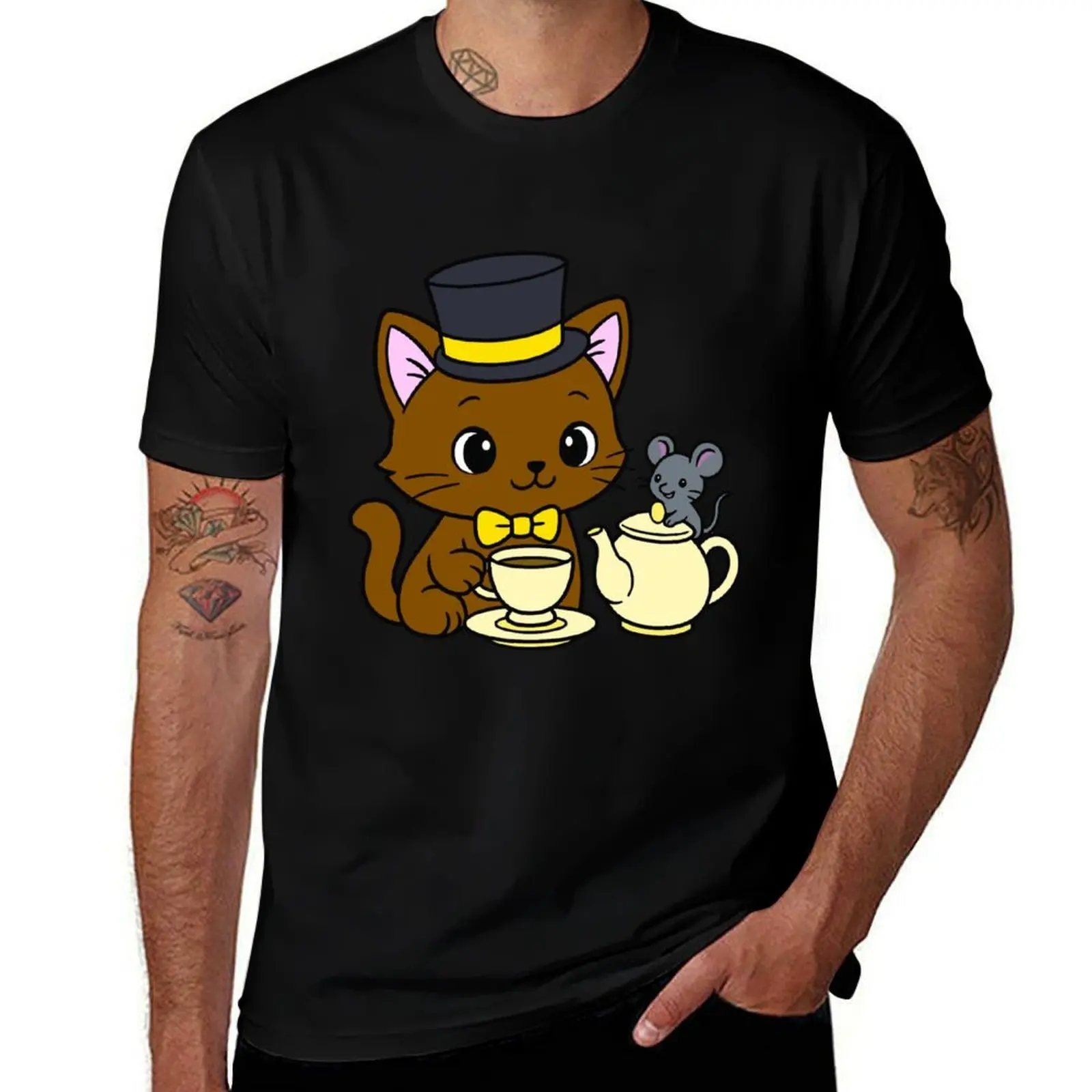 

Kitty Tea Party - коричневая - желтая футболка Louboutins Одежда Эстетическая одежда Мужская футболка с короткими рукавами