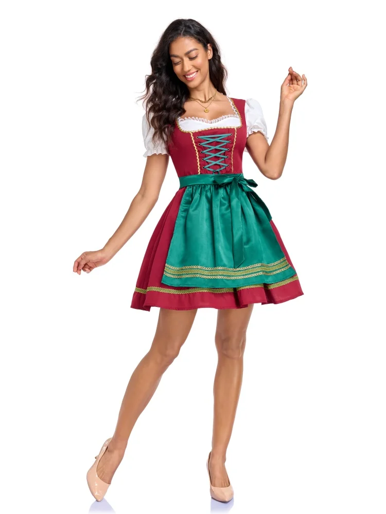 Damen Oktoberfest Puffärmel-Kleid Bayerisches Dirndl Grünes Satin-Schürzen-Outfit Festival Karneval Party Kostüm 2026 – Detail 3