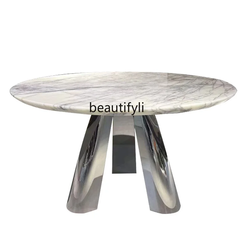 

Nordic Natural Marble Dining Tables and Chairs Set Modern Light Luxury round Table Stainless Steel Mirror