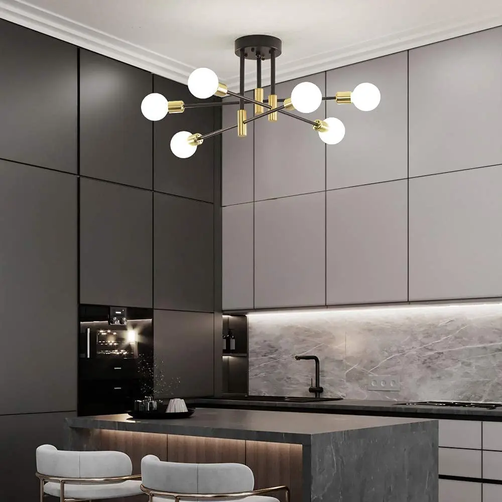 Sputnik Chandelier Modern Ceiling Light Fixture Industrial Semi Flush Mount Pendant Lighting for Kitchen Dining Bedroom Room