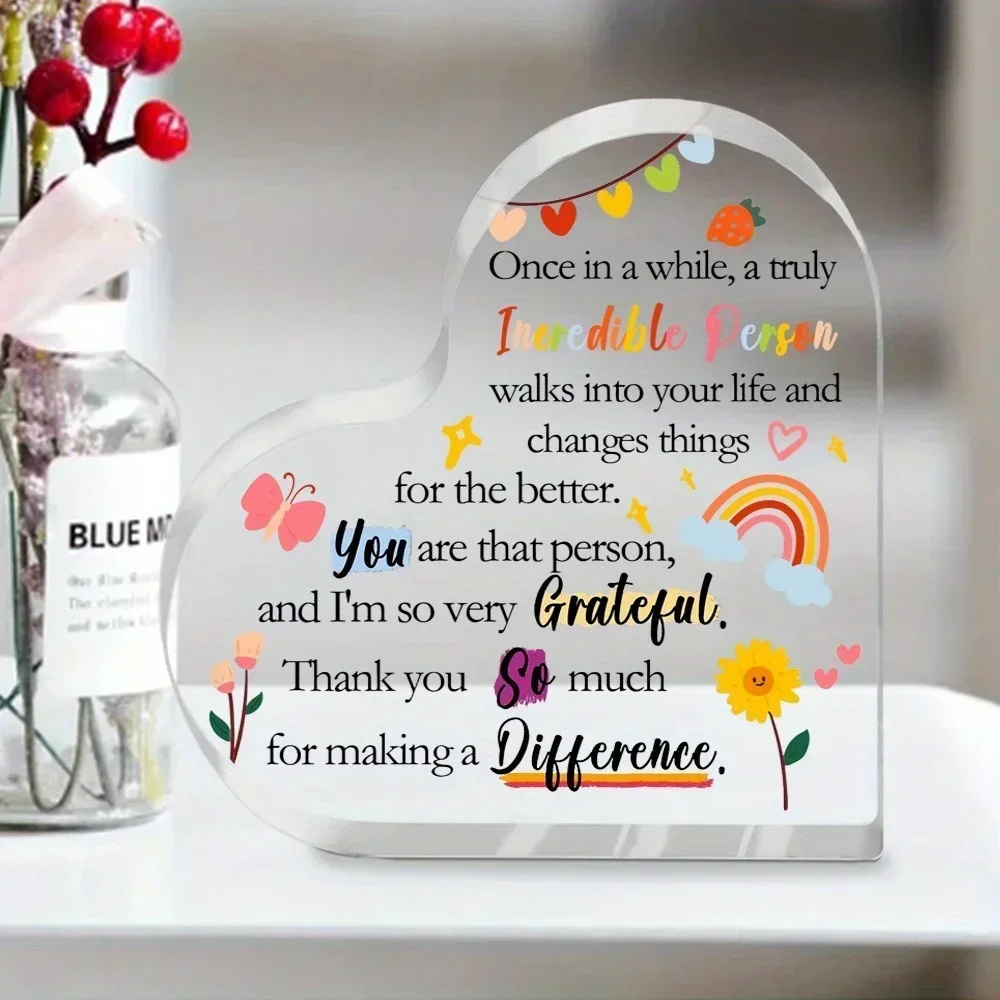 Heart Acrylic Desk Plaque Thank You Gift, Rainbow Butterfly Sunflower Decor Tabletop Ornament