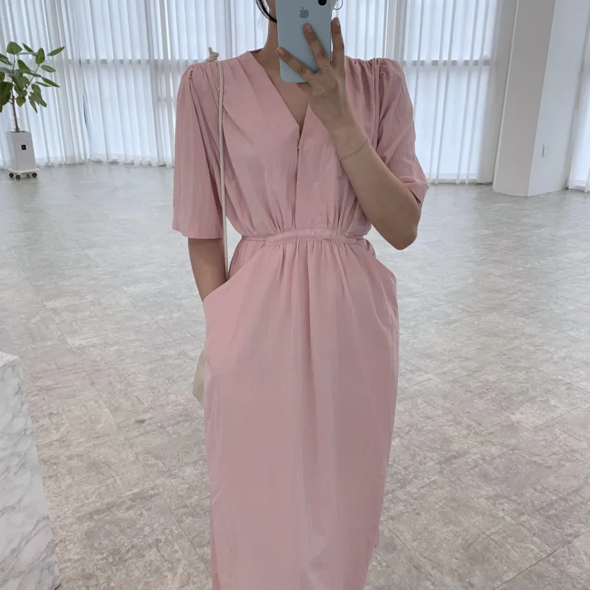 Summer Chic V Neck Long Dress Women 2022 Female Drawstring High Waist Short Sleeve Midi Sundress Solid Color