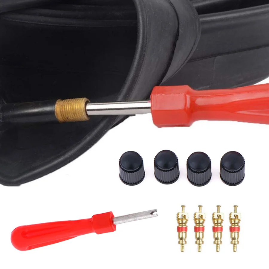 Car Bike Tire Valve Service Kit 4 Valve Cores 4 Valve Caps 1 Valve Stem Screwdriver Tire Repair Tool for Car Motorcycle Truck