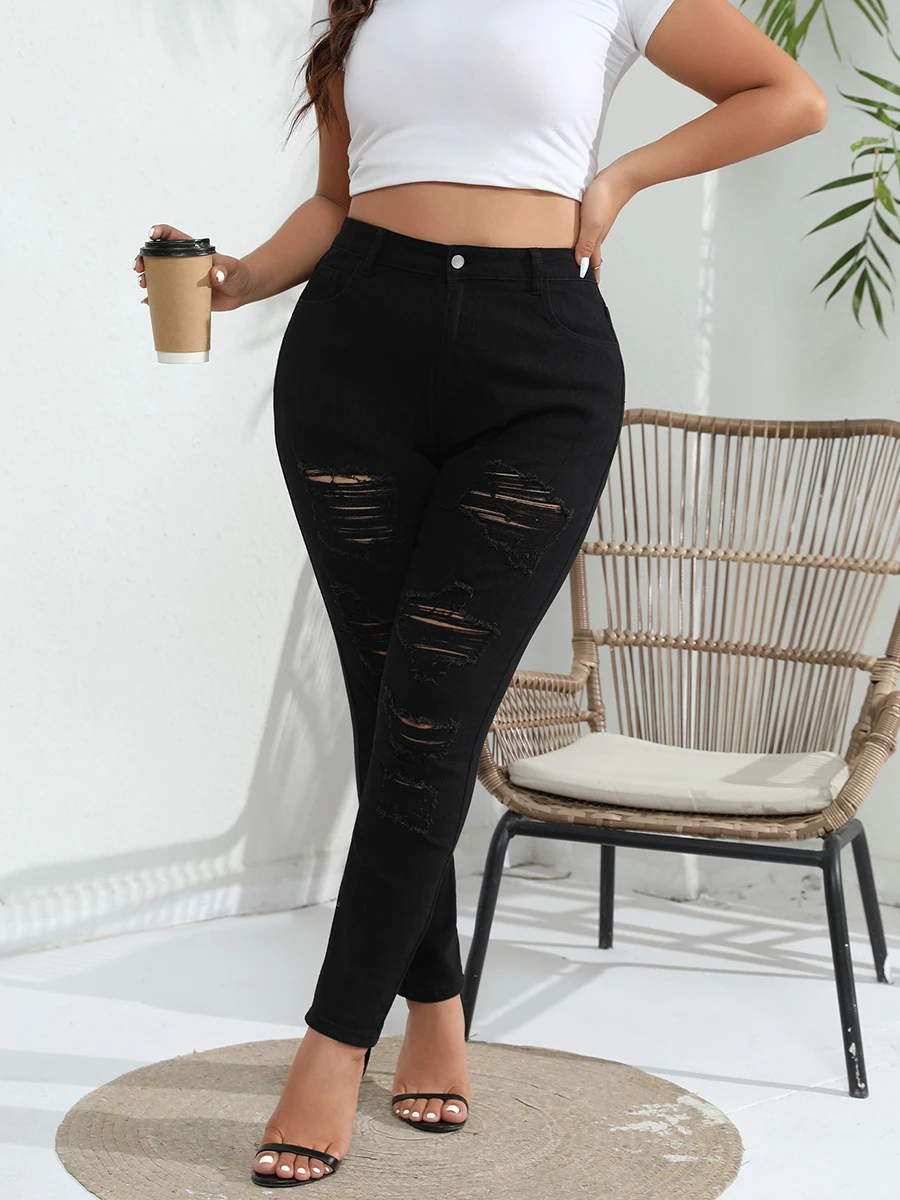 Calça jeans feminina plus size, cintura alta, rasgada, elástica, skinny, para trabalho ou noite