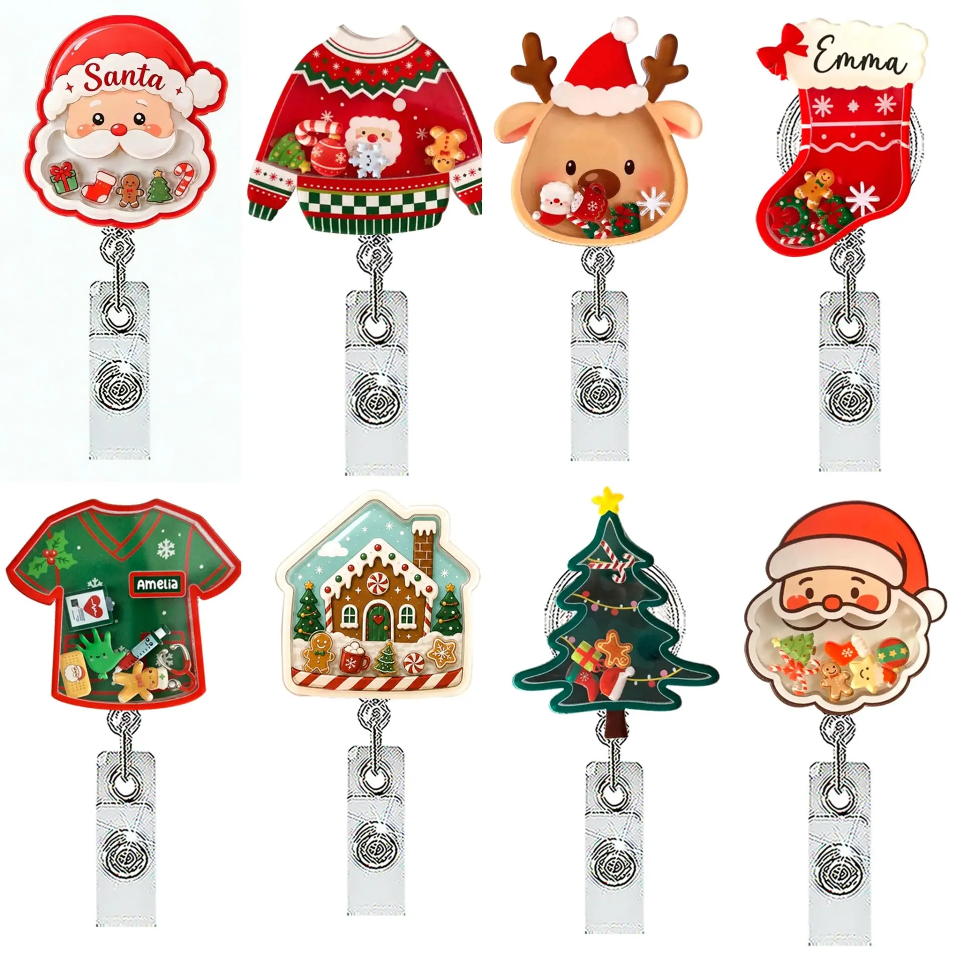2026 New Design 1 Piece Christmas Funny Shaker Acrylic Retractable Nurse Badge Reel Santa Tree Reindeer Doctor ID Card Holder