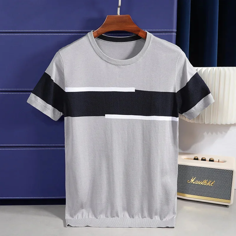 Luxury Summer Casual Men's Lyocell Stripe Color Matching Business Fashion Round Neck Mulberry Silk Short-sleeved T-shirt M-4XL