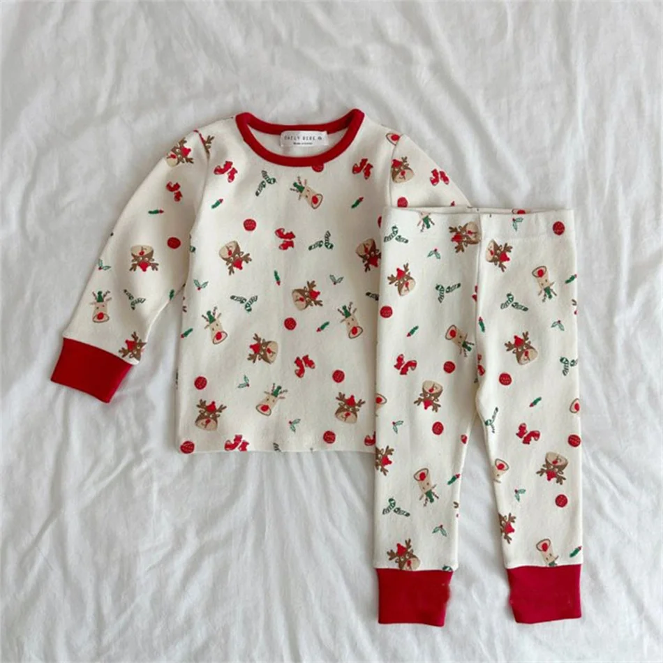 Newborn Xmas Red Green Long Sleeves Warm Soft Underwear Clothes Baby Cotton Tops Pants Sleepwear Set Boys Girls Christmas Gift