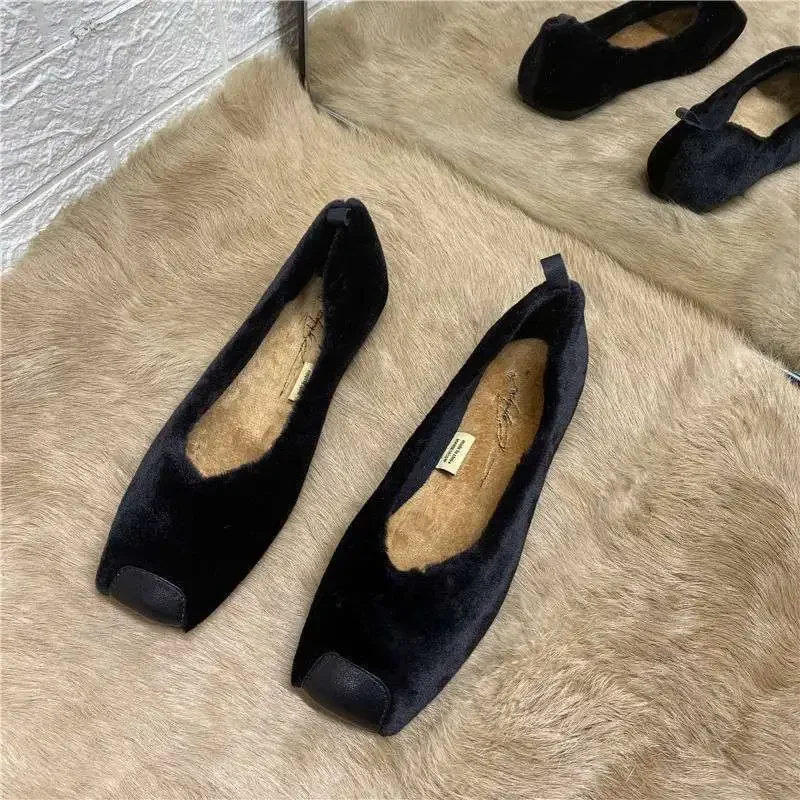 Chic Splicing Square Toe Mules Shoes for Women Velvet Furry Flats 2022 Spring Fall Slip on Designer Fashion Loafers White Black