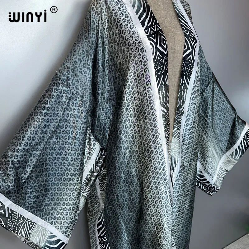WINYI Afrika Boho Allmählicher Druck Kimono langes Kleid für Frau Strickjacken Strand Outfits Kaftan Strand Cover Up Partykleid Maxirantel