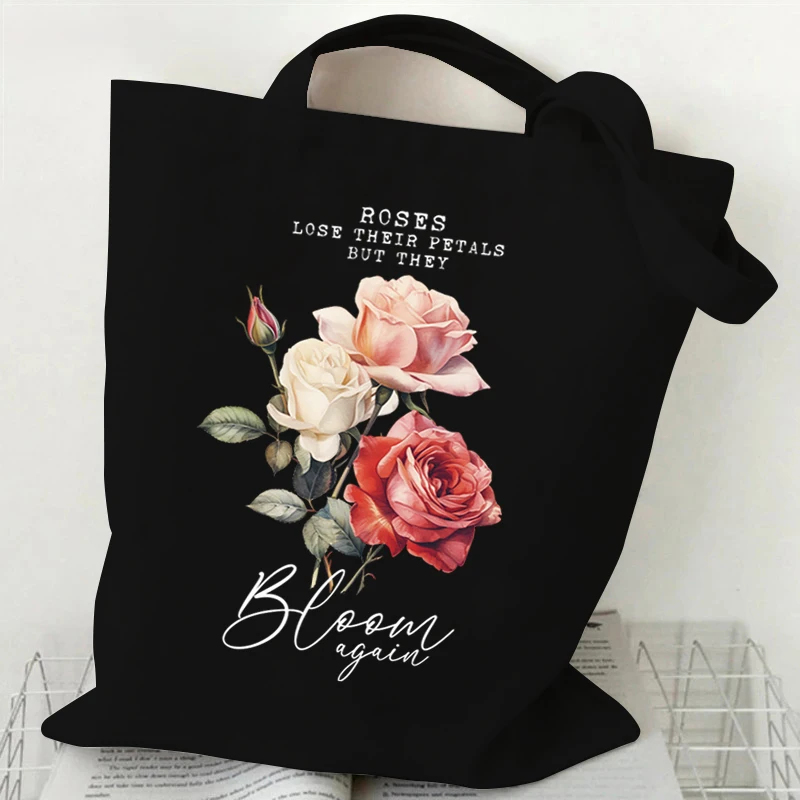 Boho Vintage Wildflower Design Canvas Shopping Bag Women Positive Quotes Print Storage Handbags Retro Flower Storage Tote Bags