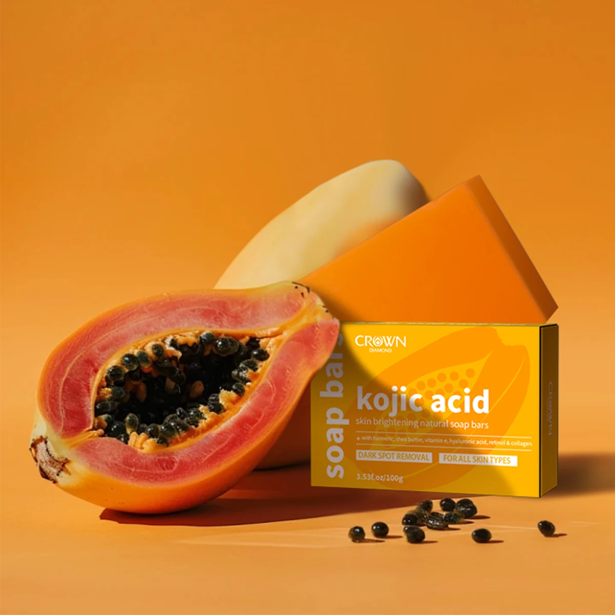 Handmade 3 in 1 Papaya Soap Kojic Acid Soap Brightening Skin Hyalunronic Soap Face & Body Soap for Whitening Skin Crown Diamond