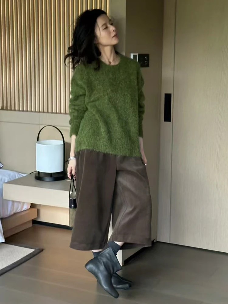 Damski sweter w jednolitym kolorze, miękki, w stylu lazy, luźny, z okrągłym dekoltem, dzianinowy top na jesień i zimę.