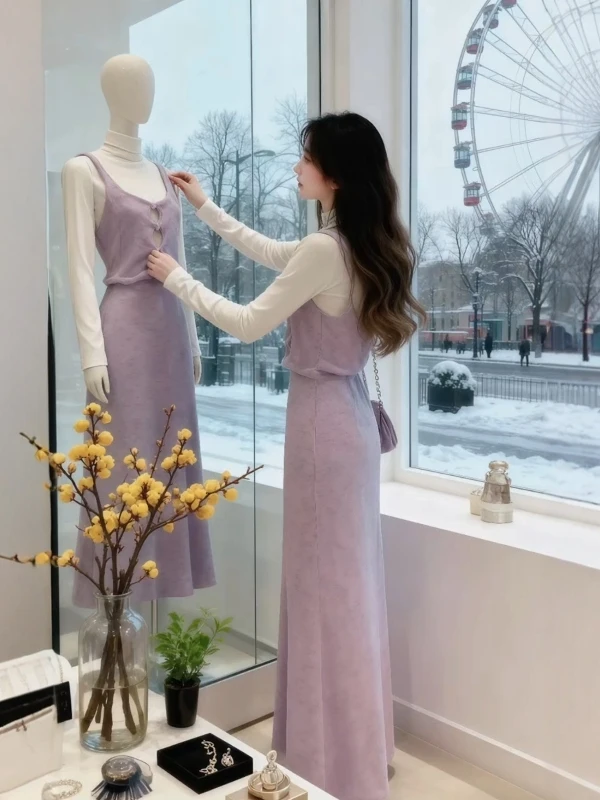 

Sweet Soft Purple Knitted Vest And Midi Skirt Two Piece Set Women Spring Anti Aging Slimming Small Fashion Set High Waist