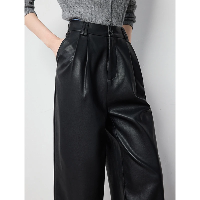 TOYOUTH Women PU Leather Pants 2024 Autumn New Straight Wide Leg Personalized Soft Casual Pants