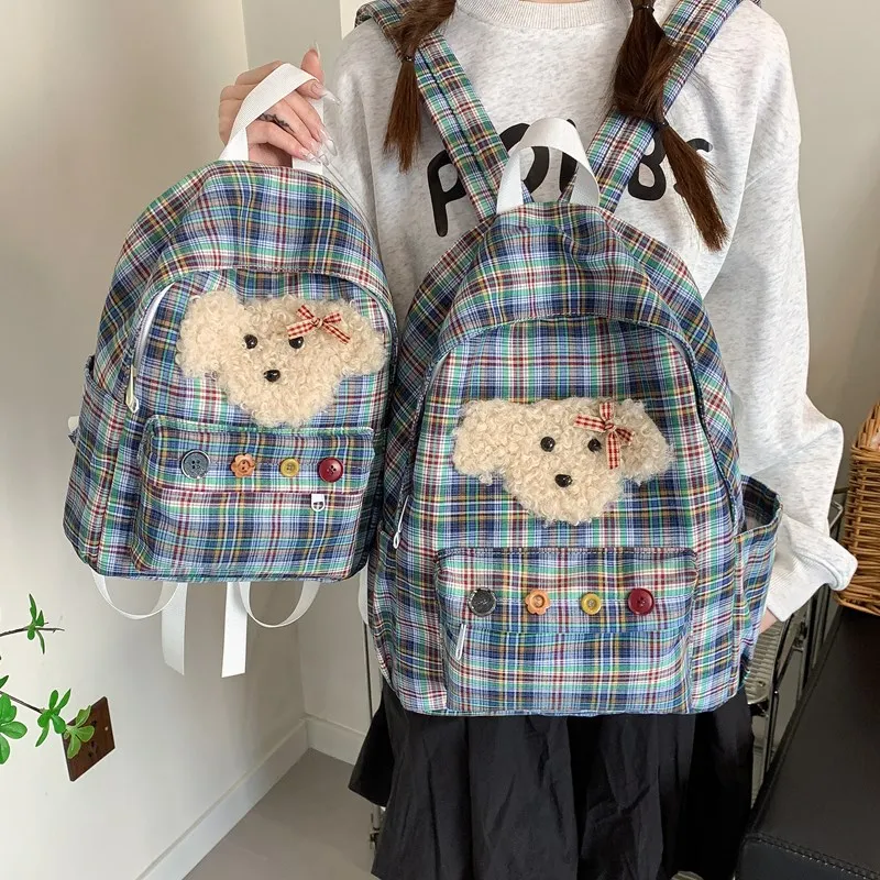 

Women's Backpacks New Fashionable Large Capacity Portable Versatile Backpack Japanese Retro Plaid Cute Cartoon Dog Bags For Girl
