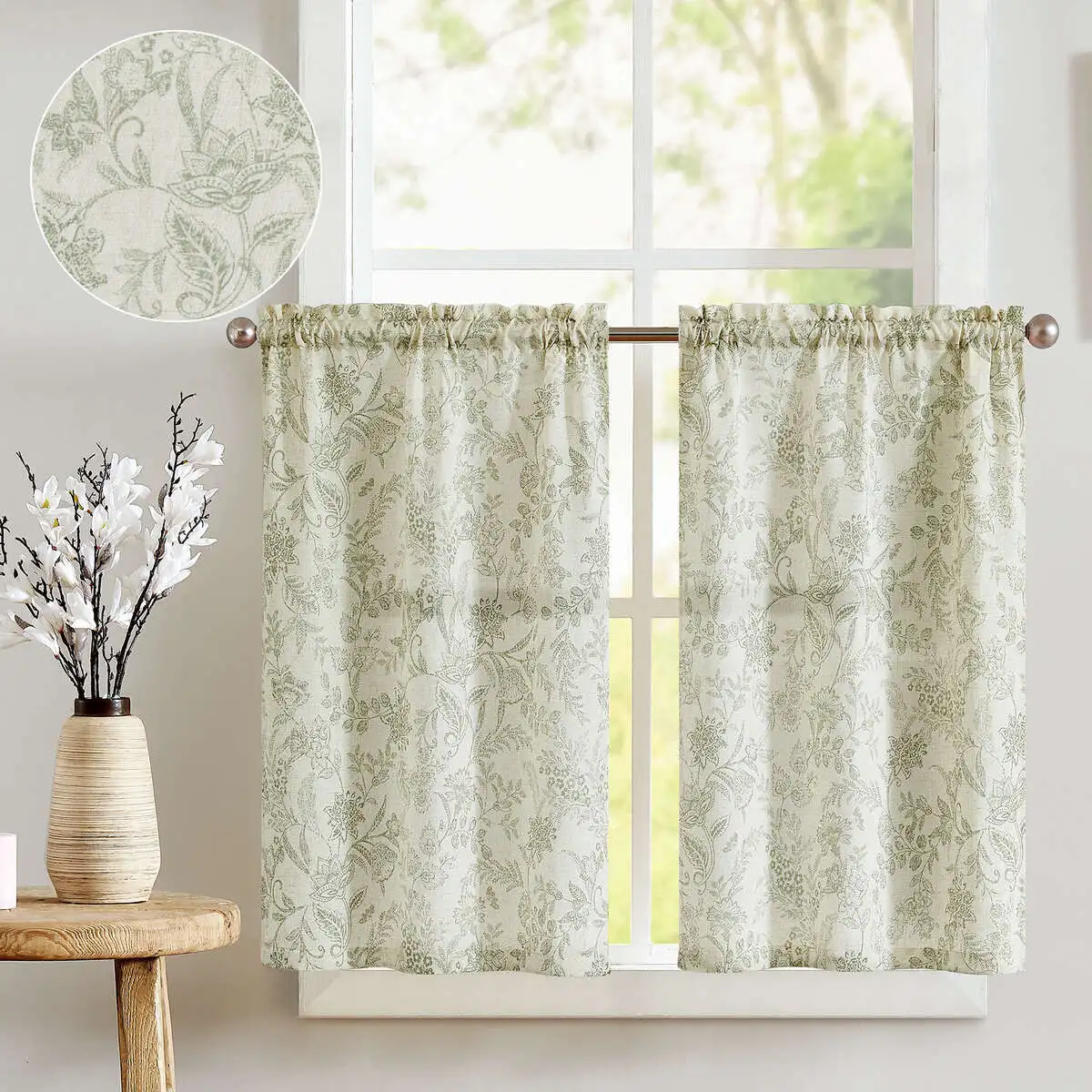 JINCHAN 2PCS Floarl Kitchen Curtains Linen Tier Short Window Curtain For Cafe Farmhouse Country Botanic Print Drapes Rod Pocket