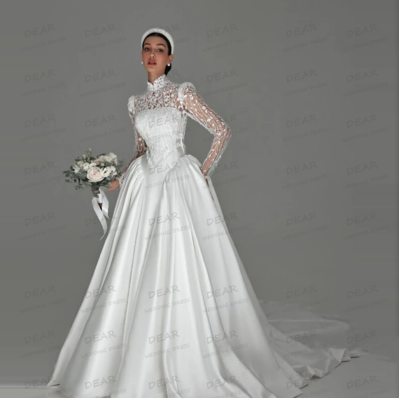 ชุดแต่งงานหรูหราทรงเอไลน์ แขนยาว ประดับลูกไม้ คอสูง ผ้าซาติน สำหรับเจ้าสาว  รับสั่งตัด