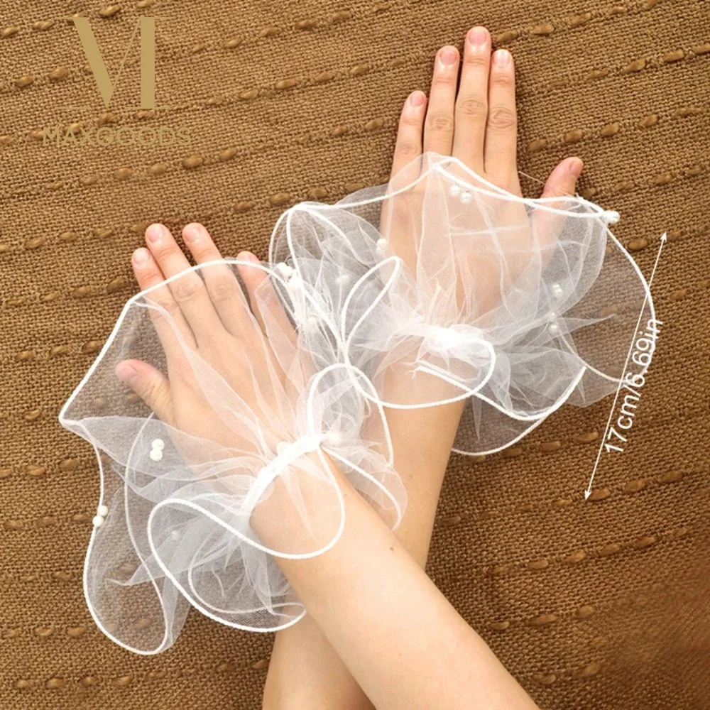 

1 пара элегантных кружевных сетчатых свадебных манжет с жемчугом, съемные, с рюшами, имитация рукавов для невесты, для вечеринок