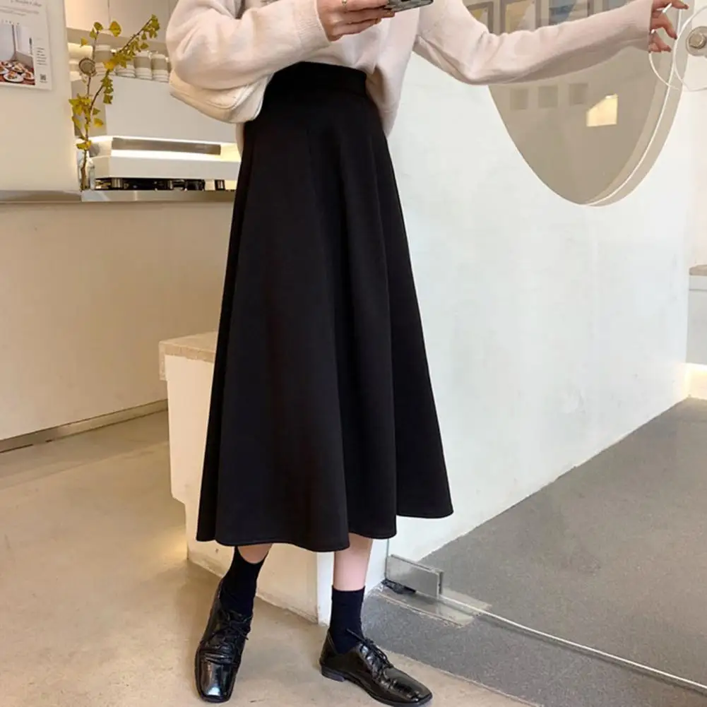 Breathable Skirt Elegant High Waist A-line Skater Skirt for Office Ladies Solid Color Midi Skirt with Hem Stylish Commuting