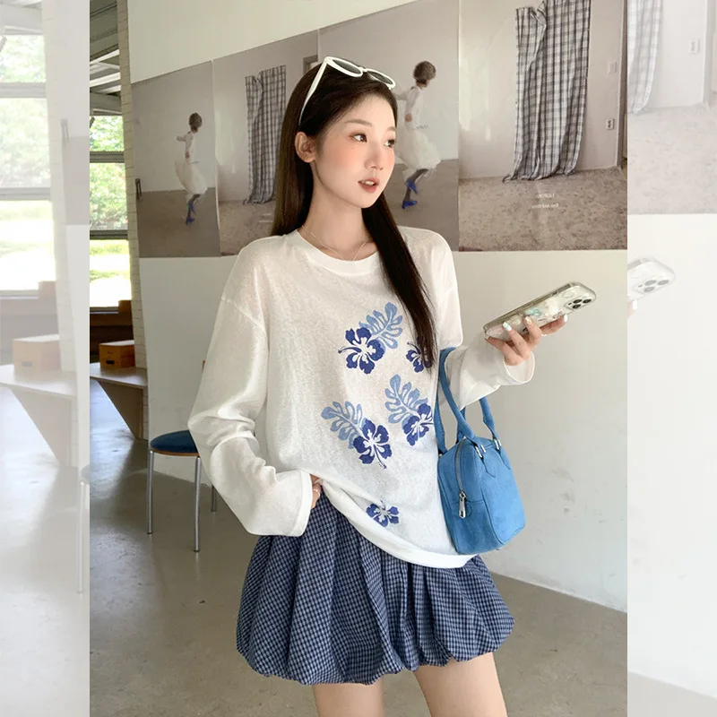 

Korean Style Sweet Floral Print Round Neck Long Sleeve T-Shirt for Women 2025 Summer New Design Loose Slimming Stunning Top
