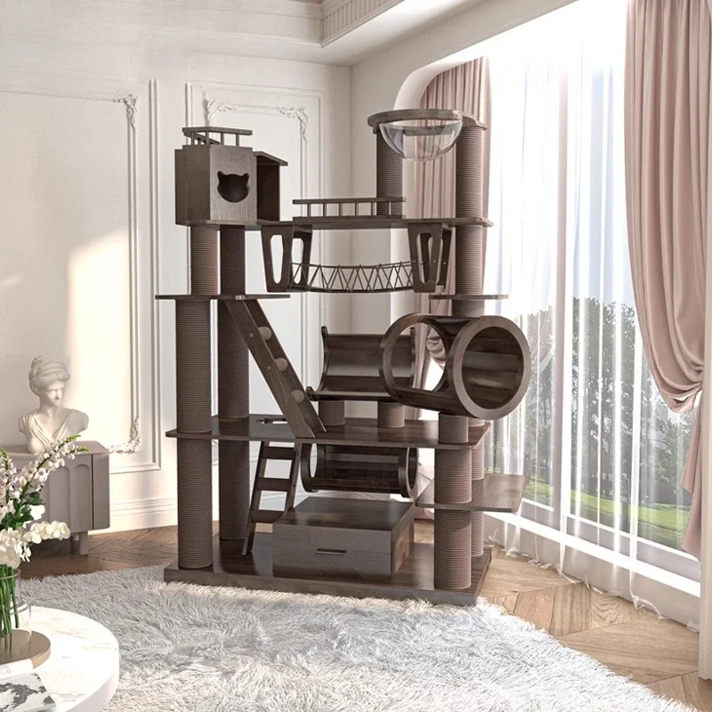 

Large solid wood climbing frame nest cat tree integrated castle lacquered black walnut color