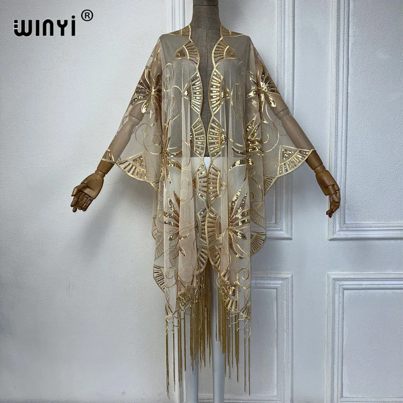 WINYI Embroidered tassel cardigan Bikini Cover-ups dress Perspective sexy Holiday beach outfits for women Evening dress shawl