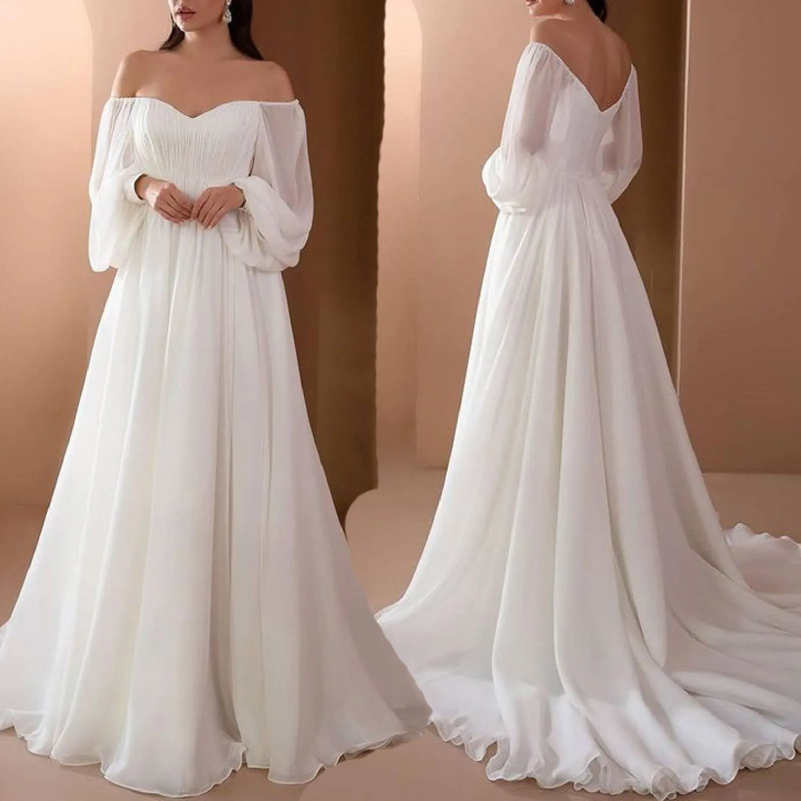 

Sexy Off Shoulder Double V-neck Long Sleeves White Long Formal Dress