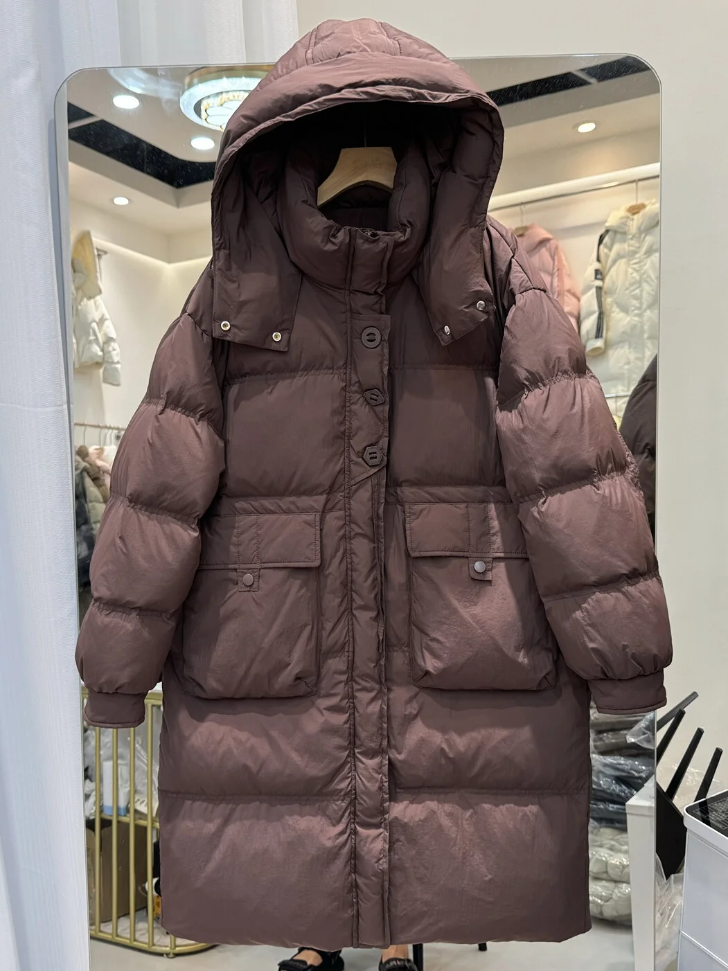 2024 Autumn Winter New Down Jacket Women's Medium Length Over The Knee Hooded Thickened Three-button Warm White Duck Down Jacket