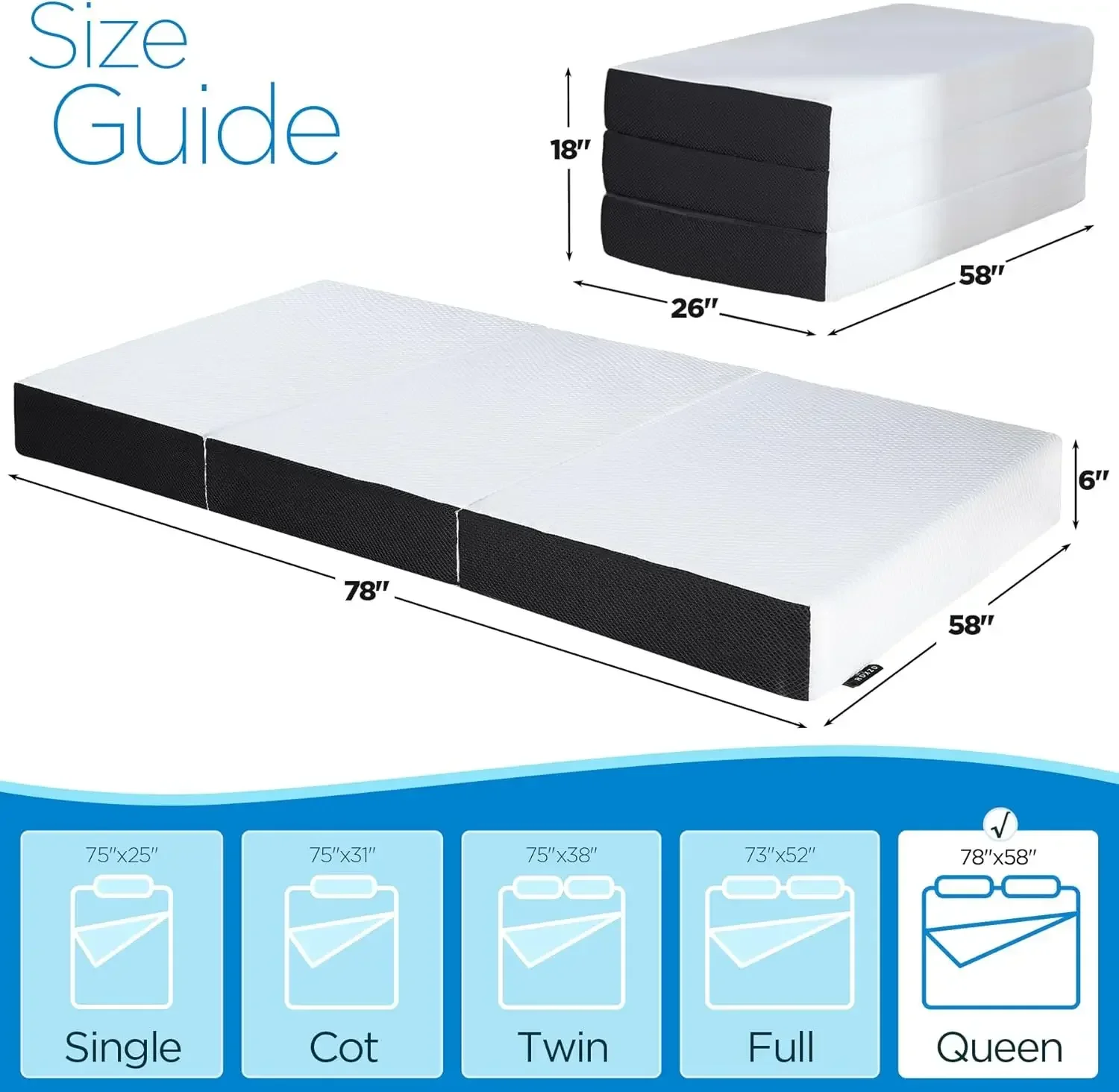 Mattress Queen Size,6 inch Tri-fold Memory Foam Mattress Topper with Washable Cover, Non-Slip Bottom Mattress Guest Bed