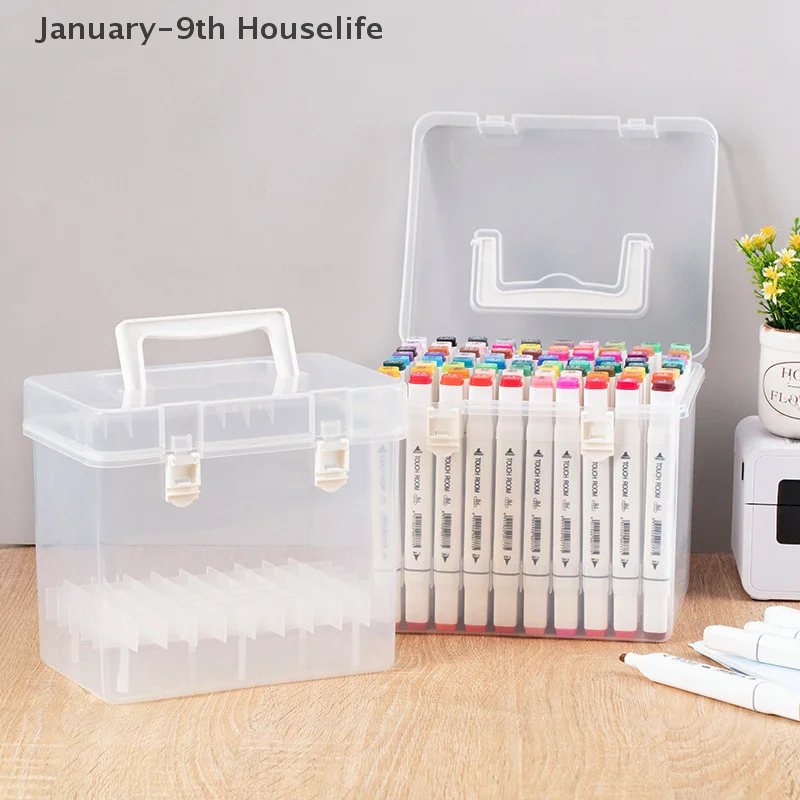 12/24/36/48/60/80 Grids Markers Storage Box Portable Watercolor Drawing Pen Case For Painting Plastic Stationery Organizer Box